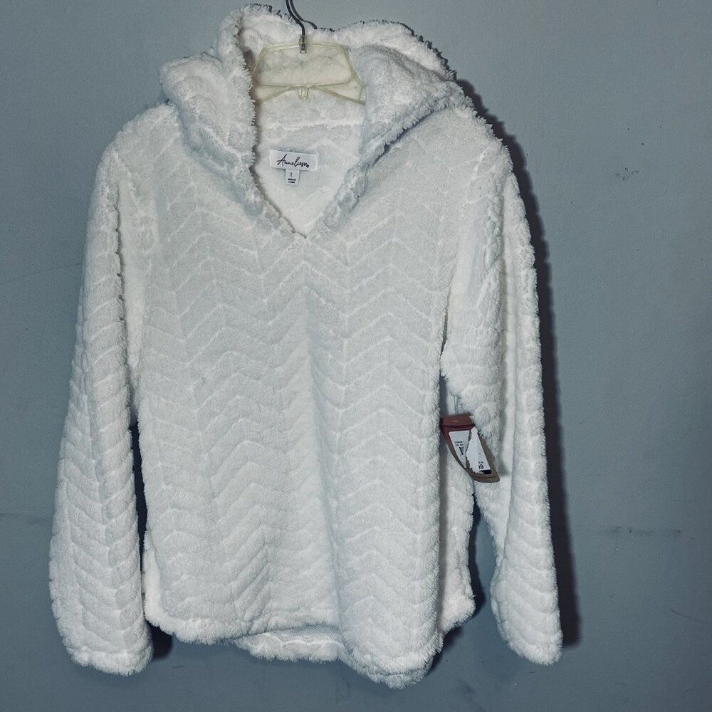 Nwt Anneliese Hooded Sweater White Cuddly Soft Pullover V-neck Sz L
